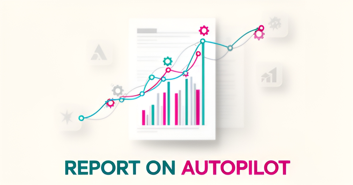 Flat illustration of automated SEO analytics flowing into a finished report, accented in teal and magenta, with headline Reports On Autopilot.